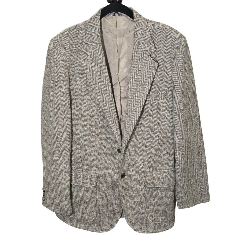 Vintage Herringbone Tailored US Sport Coat Co‎ 46R Wool Classic Heritage 80s USA